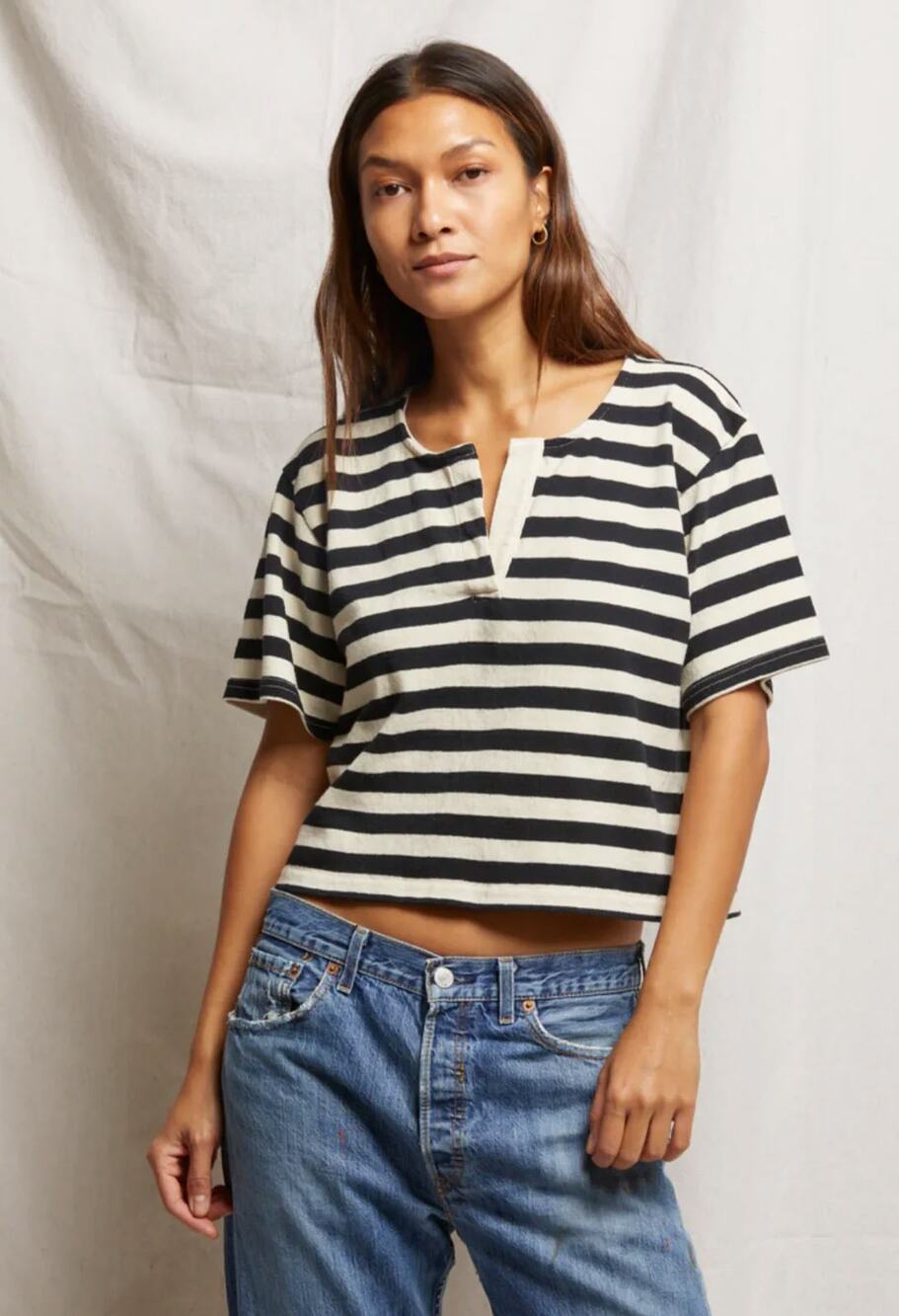 perfectwhitetee Perfect White Tee Sarah Striped Cropped Tee Black Natural Medium